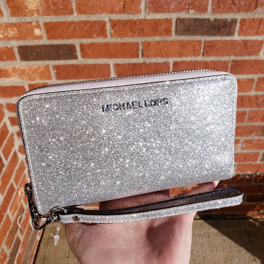 Michael Kors Silver Glitter Zip-Around Wristlet Wallet Phone Holder NWOT